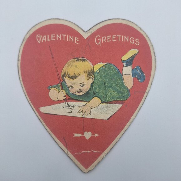 Vintage Valentine Heart Shaped Greeting Card Child Writing Art Deco Era - Picture 1 of 4